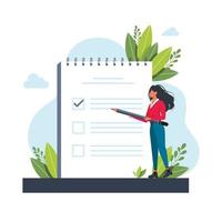 Woman, manager prioritizing tasks in to do list. Woman taking notes, planning his work, underlining important points. Vector illustration for agenda, checklist, management, efficiency concept