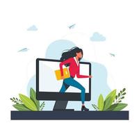 woman coming out of monitor screen digital detox concept girl spending time without gadgets abandoning internet and social networks full length horizontal copy space vector illustration