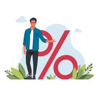 concepto de crédito bancario. por ciento, buena tasa de interés, sin intereses. gestión financiera. vector. El pequeño personaje masculino tiene un enorme signo de porcentaje.Promoción de descuento, oferta de venta de ahorros. cálculo de préstamo bancario vector