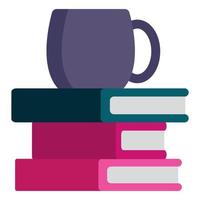 mug on a stack of books, Stack of books with mug of tea flat vector illustration, Flat Design Book Icon.