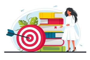 woman stands by a stack of books at the target. Move up motivation, the path to the target's achievement, successful contract teamwork. Vector illustration