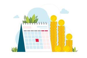 calendar and a bunch of coins. Capitalization of a company web banner or landing page. Appraisal of company stocks multiplied by the market price for those shares. Isolated flat vector illustration.