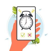 Alarm clock on phone screen in hand. Hand holding smartphone with alarm clock on display. Mobile phone on isolated White background. Vector illustration.