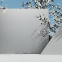 Escena de presentación de productos cosméticos naturales. colocación de primavera de ourdoors con flores. Fondo blanco. Contenido de ilustración 3d foto