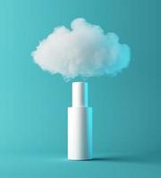 Presentación cosmética de humectante natural con nube, podio de escena simulada para exhibición de productos. concepto hidratante. Representación 3d foto