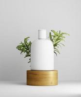 3D illustration geometric pedestal with cosmetic bottle presentation and leaves. White background. Mockup. photo