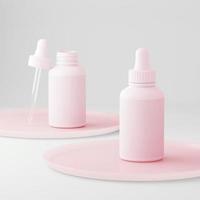 diseño minimalista moderno rosa limpio. frasco gotero cosmético para líquido, crema, gel, loción. paquete de productos de belleza, plantilla en blanco de frasco de plástico blanco. Ilustración 3D. foto