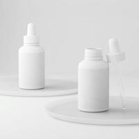 diseño minimalista moderno rosa limpio. frasco gotero cosmético para líquido, crema, gel, loción. paquete de productos de belleza, plantilla en blanco de frasco de plástico blanco. Ilustración 3D. foto