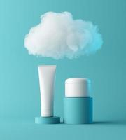 Natural moisturizer cosmetic presentation with cloud, mock up scene podium for product display. hydrating concept. 3D rendering photo