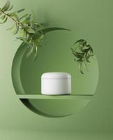 Natural cosmetic minimal stage for product presentation. Cosmetic jar podium and green leaf on monochrome background. 3d render. photo