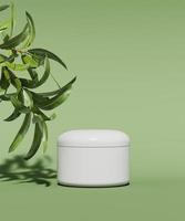 Monocolor scene for cosmetic product presentation. Cosmetic jar and green leaf on color background. 3d render.