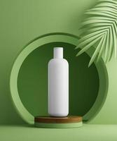 3D illustration geometric pedestal with cosmetic bottle presentation and palm leaves. Abstract background. Mockup. photo