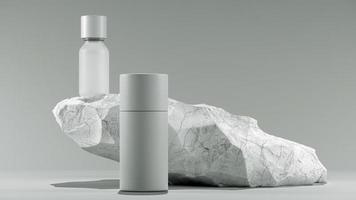 botella de aceite esencial de masaje sobre piedra - tratamiento de belleza. maqueta de empaque de diseño blanco mínimo. Ilustración 3D. foto