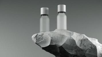 dos botellas de aceite esencial de masaje sobre piedra - tratamiento de belleza. maqueta de empaque de diseño blanco mínimo. Ilustración 3D. foto