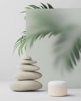Composition with body cream in jars on light background. Palms. Mock up for product display. 3d illustration photo