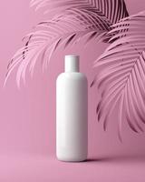Diseño de color de crema cosmética natural, suero, envase de botella en blanco para el cuidado de la piel con hojas de hierba, producto bio orgánico. concepto de belleza y spa. Ilustración 3d foto