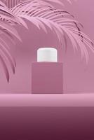 Diseño de color rosa de crema cosmética natural, suero, envase de botella en blanco para el cuidado de la piel con hojas de hierba, producto bio orgánico. concepto de belleza y spa. Ilustración 3d foto