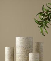 pedestal para presentación de productos cosméticos naturales. cilindro de piedra con hojas de plantas. Ilustración 3D. foto