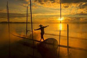 The work of fishermen on the Mekong River raft during the sunrise is a hustling and indigenous way of life in Nong Khai province, opposite to Vientiane Laos. photo