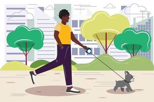 Young man walking with a dog in the park. Flat design illustration. vector