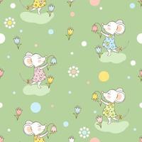 Cute mouse in a dress dancing with a flower. vector