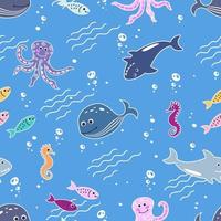 whales, sharks, octopuses and seahorses. Childish background of cute inhabitants of the seas and oceans. vector