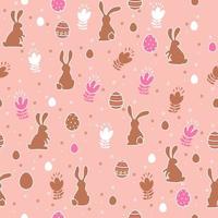 Pascua de patrones sin fisuras con huevos, flores y conejitos sobre un fondo rosa. vector