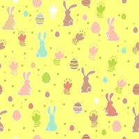 Easter seamless pattern with eggs, flowers and bunnies on a yellow background. vector