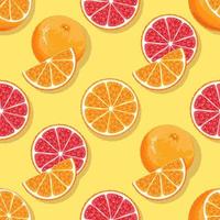 Patrón transparente de piezas rojas y naranjas. entero, mitad, rodaja y gajo de naranja siciliana. vector