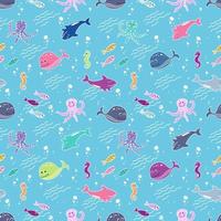 Seamless pattern with swimming cute fish, whales, sharks, octopuses and seahorses. vector