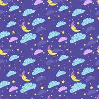 Seamless pattern with cute sleeping moon, stars and clouds. vector