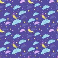 Seamless pattern with cute sleeping moon, stars and clouds. vector