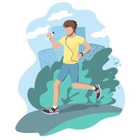 Young man runs along the road wearing headphones with a fitness bracelet and a bottle of water. Illustration of doing sports in nature and a healthy lifestyle. vector