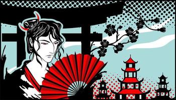 Man with a red fan in his hand in the style of manga and anime against the background of pagodas and cherry blossoms.