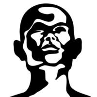 Silhouette of the head of a shaved, bald man looking up from the front. Minimalistic drawing on a white background. vector