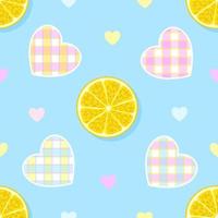 Seamless pattern of lemon slices with cute hearts in a box on a blue background. vector