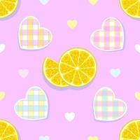 Lemon slices seamless pattern with cute checkered hearts on pink  background. vector