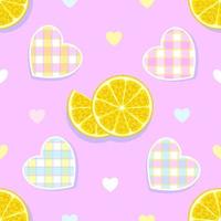 Lemon slices seamless pattern with cute checkered hearts on pink  background. vector