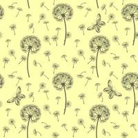 Seamless pattern of dandelions and butterflies on a yellow background. For wrapping paper, design and decoration. vector