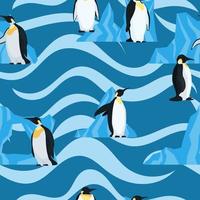 pingüinos planos en azul con ondas de patrones sin fisuras vector