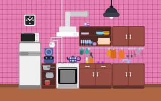 flat kitchen detailed on a pink background vector