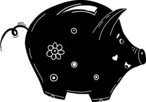 Black pig piggy bank with decor. Vector illustration. Hand sketch