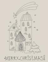 Merry Christmas card. cute New Years Houses, tree and Bethlehem star. Vertical vector illustration. Linear hand drawing, outline for New Years design and decor, print