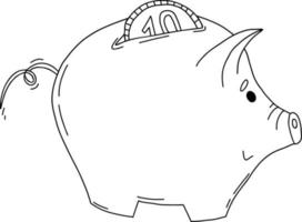 Pig piggy bank with coin. Vector illustration. Linear hand drawing sketch