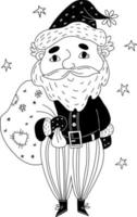 Cute Santa Claus with bag gifts. Vector illustration. Linear hand drawing for christmas decor and design