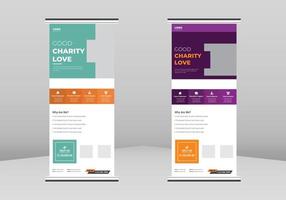 Diseño de banner enrollable de apoyo a la caridad, plantilla de folleto enrollable de póster de donación de caridad. plantilla de póster de apoyo a la caridad. cartel de donación de caridad folleto dl, diseño de banner enrollable de negocios de tendencia vector