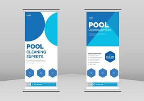 Folleto del servicio de limpieza de la piscina enrollar el diseño de la bandera, cartel del servicio de mantenimiento de la piscina enrollar la plantilla del folleto. cartel de limpieza de piscinas, folleto dl, diseño de banner enrollable de negocios de tendencia vector