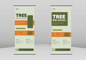 Folleto de servicio de árbol enrollable diseño de banner, plantilla de folleto enrollable de cartel de servicio de poda y remoción de árboles. servicio de césped flye poster dl flyer, tendencia empresarial roll up diseño de banner vector