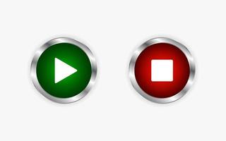 Play stop button icon vector illustration with red green color and silver ring frame.