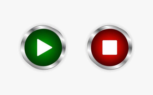 Play stop button icon vector illustration with red green color and silver ring frame.